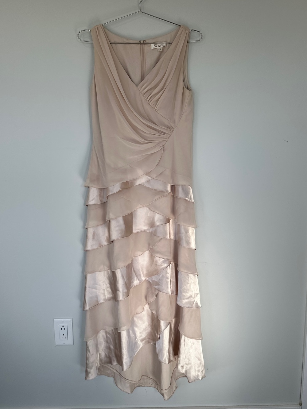 Evening Tiered Satin-Trim Sleeveless Dress - Champagne- Size: 10P